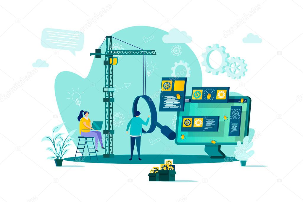 Software testing concept in flat style. Engineer debugging web application scene. Software testing and quality assurance, search of bugs banner. Vector illustration with people characters in situation