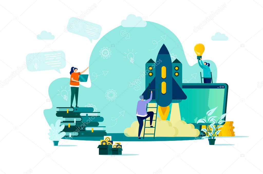 Startup project concept in flat style. Team of startup founders launching new project scene. Innovation solution development web banner. Vector illustration with people characters in work situation.