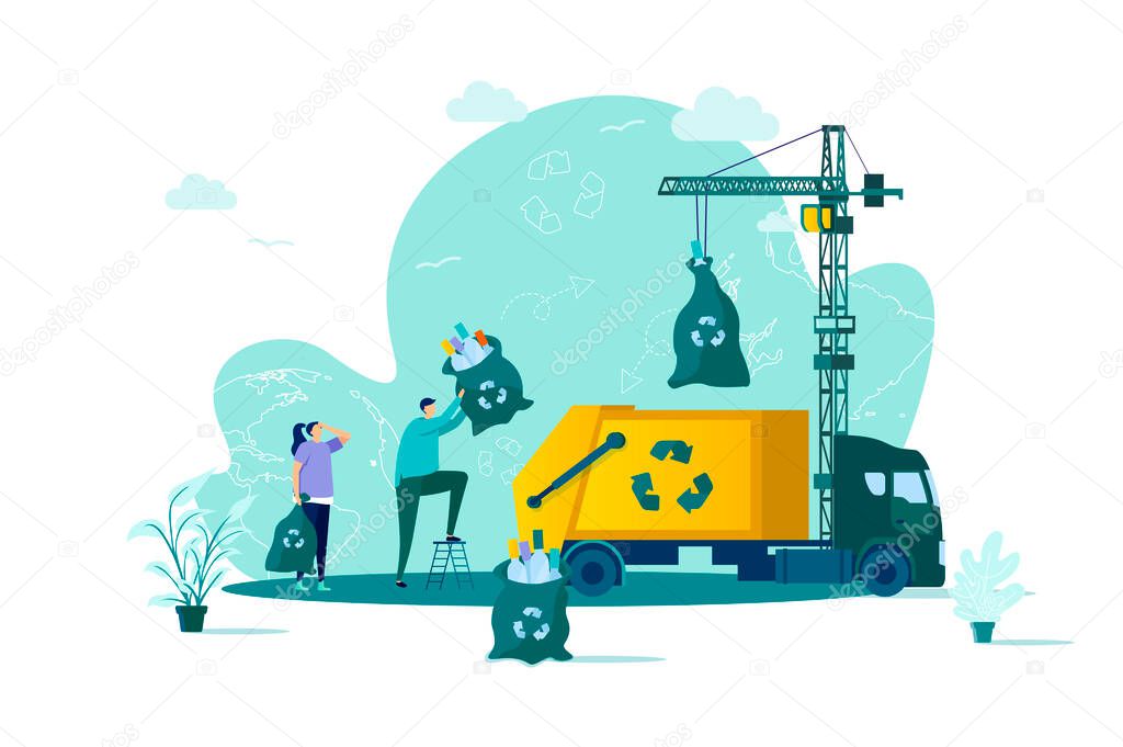 Waste management concept in flat style. People loading sorted waste in truck scene. Control and management of garbage utilization web banner. Vector illustration with people characters in situation.