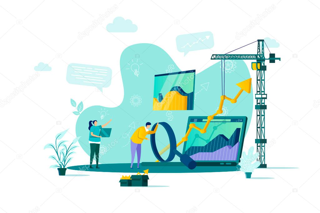Web analytics concept in flat style. Analyst analyzing growing graph scene. Online data analysis service, stock trading information web banner. Vector illustration with people characters in situation.