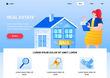 Gayrimenkul iniş sayfası. Ev sitesi satan bir emlakçı kadın. İnsan karakteriyle renkli kompozisyon, vektör çizimi. Emlak ajansı, satın alma, kira ve ipotek hizmetleri kavramı