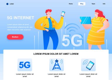 5g internet iniş sayfası. Öğrenciler hızlı internet bağlantısı web sayfası olan cihazlar kullanıyorlar. İnsan karakterleriyle renkli kompozisyon, vektör illüstrasyonu. 5G üretim teknolojisi standart kavramı