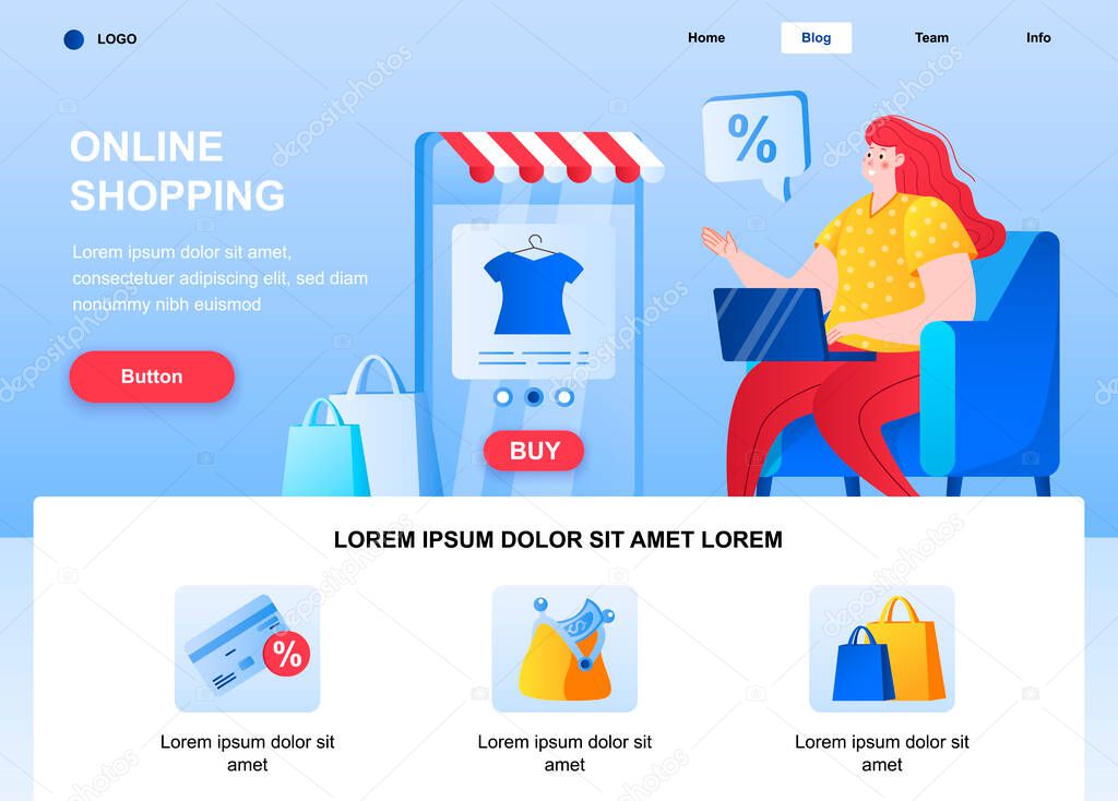 Online shopping flat landing page. Woman shopping by laptop web page. Colorful composition with people character, vector illustration. Online shopping platform, goods order with delivery concept