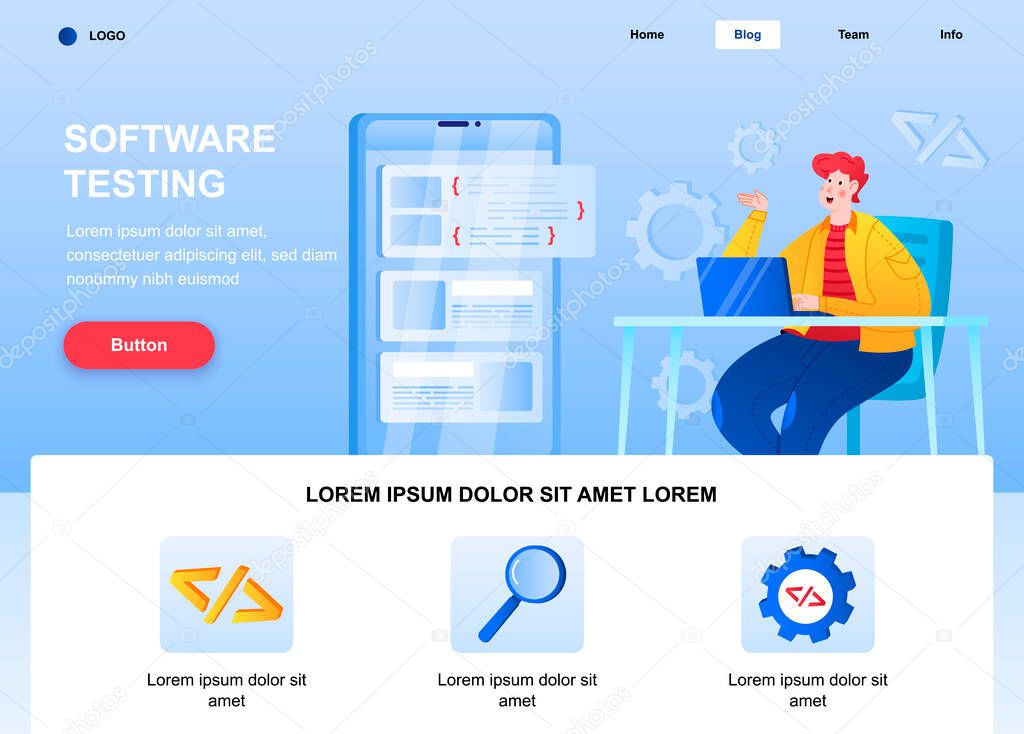 Software testing flat landing page. Engineer debugging mobile application web page. Colorful composition with people character, vector illustration. Software testing, search of program bugs concept