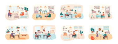 Düz karakterli video konferans sahneleri. Çevrimiçi konuşma, telekonferans, video çağrısı kavramsal durumlar. İnsanlar çevrimiçi bilgisayar karikatür vektör illüstrasyonuyla iletişim kuruyor