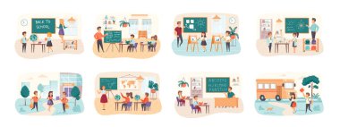 Back to school bundle of scenes with flat people characters. Pupils and teacher in classroom conceptual situations. Elementary schools education, chemistry and geography cartoon vector illustration clipart
