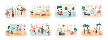 Tasarımcılar ve fotoğrafçılar insan karakterli sahneler çizerler. Festivalsel olayların, kavramsal durumların profesyonel fotoğrafçılığı. Dizüstü bilgisayar vektör çizimi ile dijital tasarım çalışması.