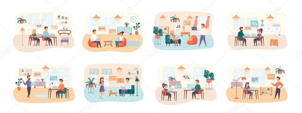 Software testing bundle of scenes with flat people characters. Developers debugging digital application conceptual situations. oftware testing, search of program bugs cartoon vector illustration