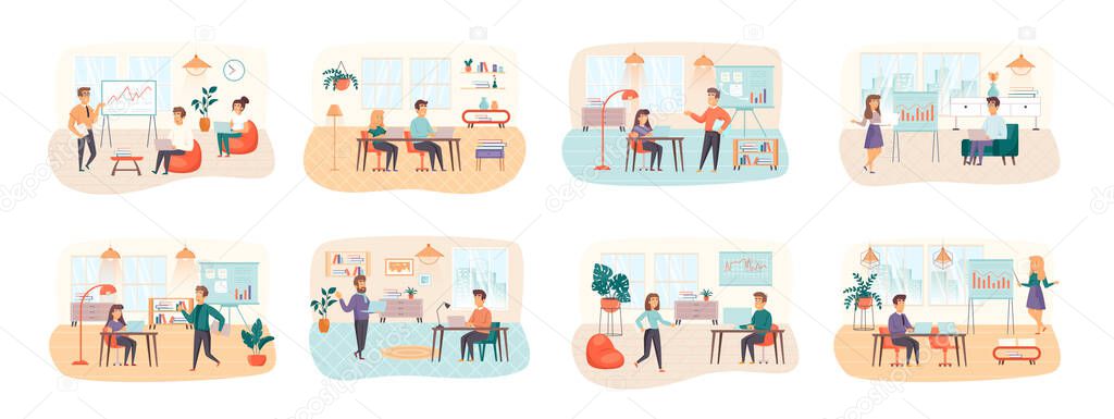 Office manager bundle of scenes with people characters. Colegues comunication and cooperation at workplace conceptual situations. Partnership and team management in office cartoon vector illustration.