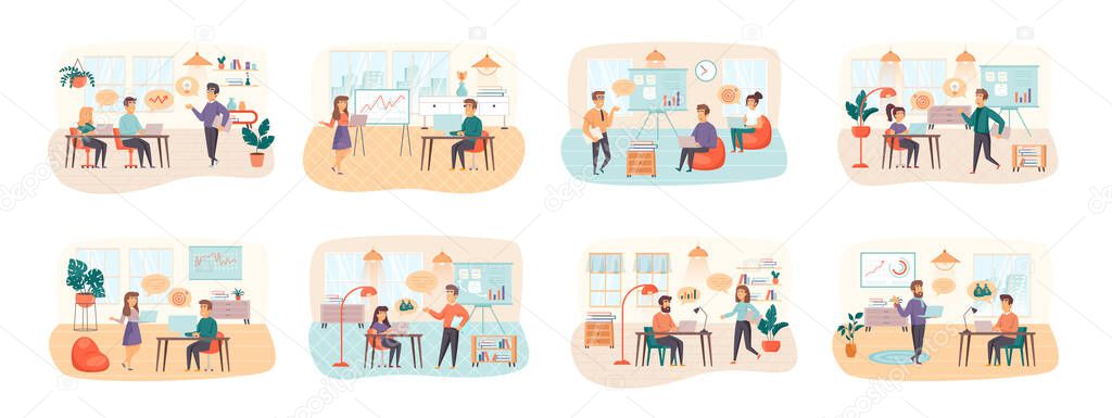 Business training bundle of scenes with flat people characters. Business instructor making presentation conceptual situations. Coaching and mentoring, career development cartoon vector illustration