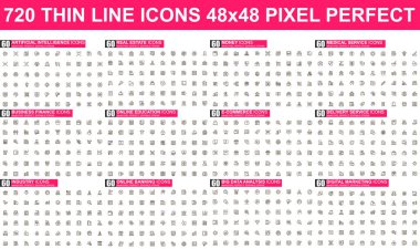 Bohça vektör ince çizgi simgeleri. İş, Finans, Pazarlama, E-Ticaret, Eğitim, Analiz, Teslimat ve daha fazlasını içerir. UI, UX vektör simgesi. 48x48 piksel mükemmel doğrusal pictogram paketi.