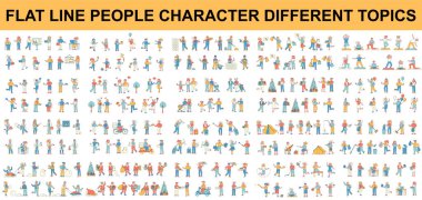 Bohça vektörü düz çizgi insan karakteri. İş, Eğitim, Tıp, Seyahat, Alışveriş, Yeni Yıl, Spor, Aile, Teslimat ve daha fazlasını içerir. Farklı pozlardaki insanlar. Vektör illüstrasyonu.