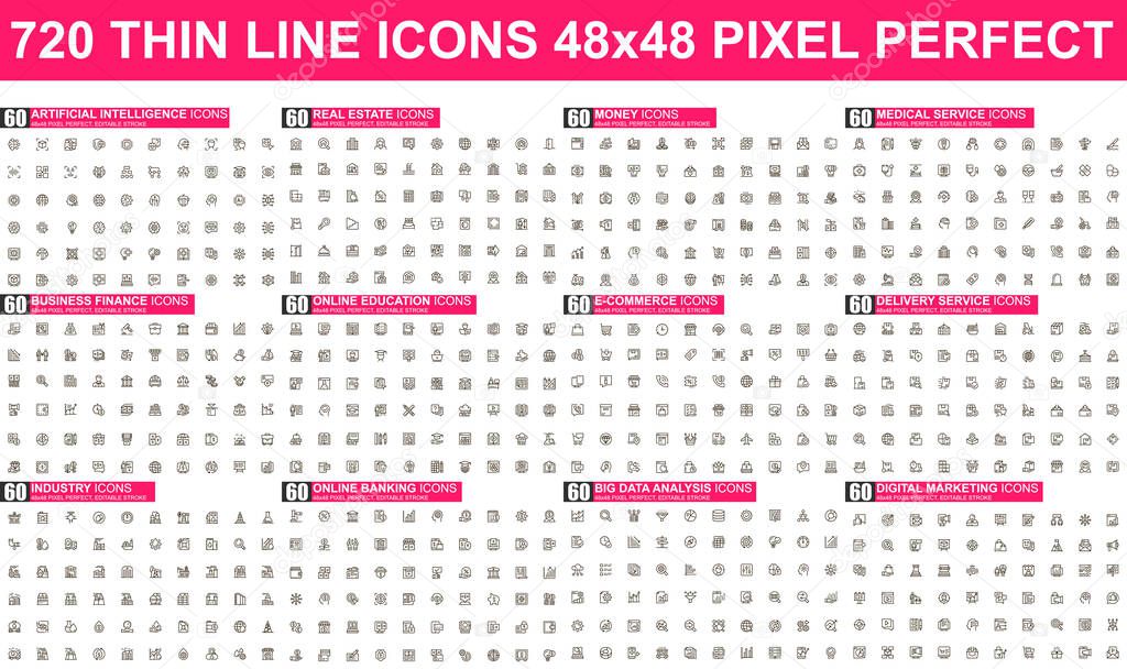 Bundle vector thin line icons. Contains such Icons as Business, Finance, Marketing, E-Commerce, Education, Analysis, Delivery and more. UI, UX vector icon. 48x48 pixel perfect linear pictogram pack.