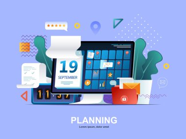 Gradyanlarla düz konsept planlıyorum. İş planlaması, iş faaliyetleri düzenleme ve görevler web şablonu. Zaman yönetimi ve yüksek verimlilik 3d bileşimi, çalışma akışı vektör illüstrasyonu.