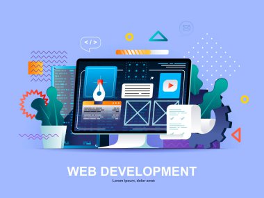 Gradyanlı web geliştirme düz konsepti. Web sitesi oluşturma, prototip ve programlama şablonu. UI UX tasarımcı işyeri 3d bileşimi, ön uç geliştirme şirketi vektör ilüstrasyonu.
