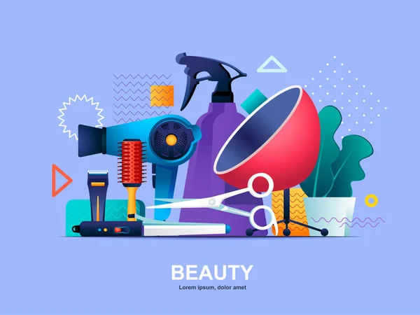 グラデーションと美容業界のフラットコンセプト 理容師 美容室のWebテンプレート 美容室の3D組成 美容室サービスベクトルイラストのための専門機器 — ストックベクタ