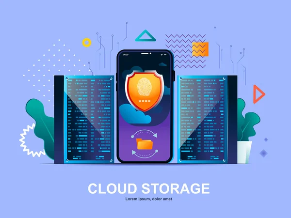 Concetto Cloud Storage Flat Con Gradienti App Mobile Backup Dei — Vettoriale Stock