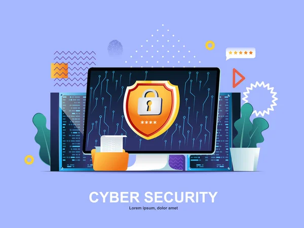 Cyber Security Concetto Piatto Con Pendenze Software Firewall Identificazione Password — Vettoriale Stock