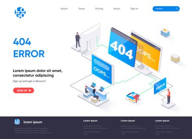 404 hata izometrik iniş sayfası tasarımı. Web sayfası izometri kavramı bulunamadı. Sistem güncellemeleri, internet bağlantısı kesilmesi, bakım aşamasındaki site tasarımı. İnsan karakterleri ile vektör illüstrasyonu.