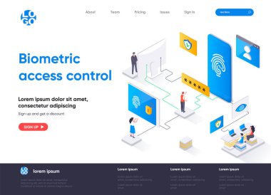 Biyometrik erişim kontrolü izometrik iniş sayfası tasarımı. Parmak izi taraması güvenlik erişim izometri kavramını sağlar. Biyometrik tanımlama düz web sayfası. İnsan karakterleri ile vektör illüstrasyonu.