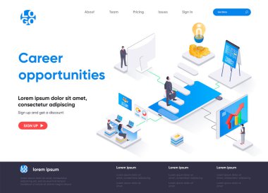 Kariyer fırsatları izometrik iniş sayfası. Profesyonel kariyer yolu, yüksek yetenekli izometri uzmanları için fırsat. Motivasyon ve liderlik web sitesi. İnsan karakterleri ile vektör illüstrasyonu.