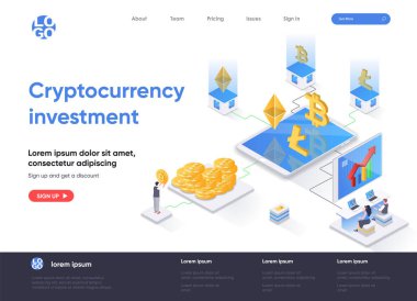 Kripto para yatırımı izometrik iniş sayfası. Bitcoin, litekoin ve ethereum kripto izometri konsepti al ve ticaretini yap. Sermaye yatırımı web sayfası. İnsan karakterleri ile vektör illüstrasyonu.