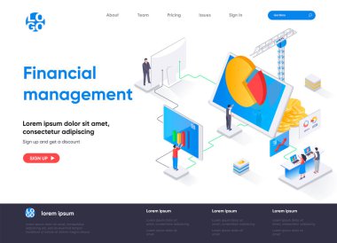 Finansal yönetim izometrik iniş sayfası. Veri analizi ve strateji planlaması izometri kavramı. İş tahminleri ve risk yönetimi düz web sayfası. İnsan karakterleri ile vektör illüstrasyonu.