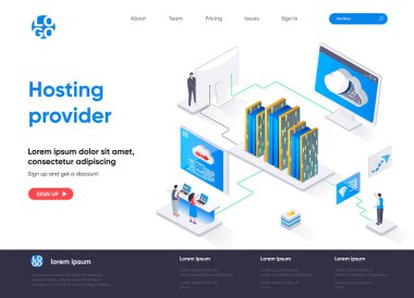 Sunucu izometrik iniş sayfası. Web sitesi sunucu servisi izometri kavramı. İnternet sağlayıcısı donanım ve yazılım teknolojisi düz tasarım. İnsan karakterleri ile vektör illüstrasyonu.