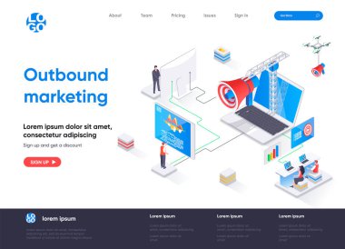 Dış pazarlama izometrik iniş sayfası. Çevrimiçi reklamcılık ve sosyal medya izometri konseptinde promosyon. Dış pazarlama aktiviteleri düz web sayfası. İnsan karakterleri ile vektör illüstrasyonu.