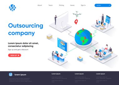 Dış kaynak şirketi isometrik iniş sayfası. Uzaktan çalışan işçiler ve izometri kavramını kullanan serbest çalışanlar. Dış kaynak yazılım geliştirme servisi web sayfası. İnsan karakterleri ile vektör illüstrasyonu.