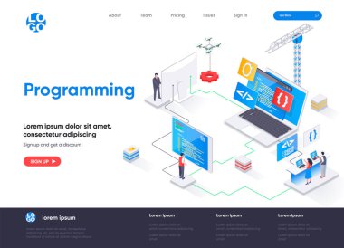 İzometrik iniş sayfası programlanıyor. Tam yığın yazılım geliştirme, mühendislik, programlama izometri kavramı. Dış kaynak servisi düz web sayfası. İnsan karakterleri ile vektör illüstrasyonu.