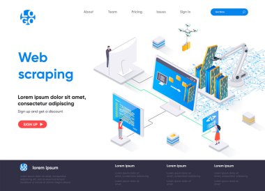Web kazıma izometrik iniş sayfası. Otomatik toplama ve web izometri kavramından ham verileri ayrıştırma süreci. Veri çıkarma yazılımı düz tasarım. İnsan karakterleri ile vektör illüstrasyonu.