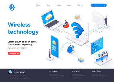 Kablosuz teknoloji izometrik iniş sayfası. WiFi ağ iletişimi, internet paylaşımı izometri kavramı. Çeşitli aygıtlar ağ bağlantısı düz web sayfası. İnsan karakterleri ile vektör illüstrasyonu.