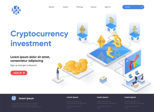 Crypto Monnaie Investissement Isométrique Page Destination Acheter Échanger Bitcoin Litecoin — Image vectorielle