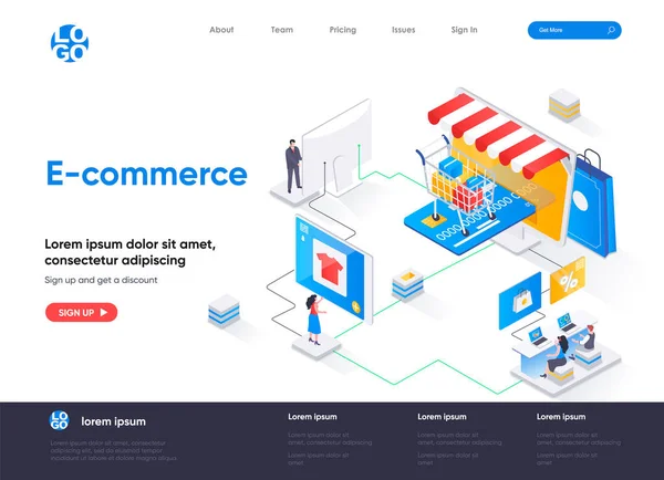 Commerce Isometrische Landingspagina Ontwerp Online Winkelen Markt Isometrie Concept Detailhandel — Stockvector