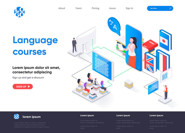 Language courses isometric landing page. Online language tutors, teaching service isometry concept. E-learning platform, distance education flat web page. Vector illustration with people characters.