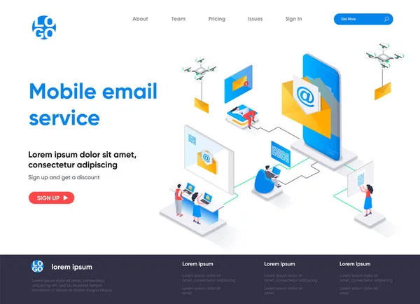 Mobiele Mail Service Isometrische Landing Pagina Mail Smartphone App Social — Stockvector