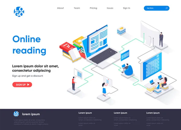 Çevrimiçi okuma izometrik iniş sayfası. Uzaklık eğitimi ve bilgi izometri kavramı. E-kitap okuma uygulaması, online kütüphane servisi düz web sayfası. İnsan karakterleri ile vektör illüstrasyonu.