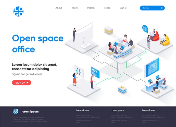Open Ruimte Kantoor Isometrische Landingspagina Samenwerking Bij Het Coworking Open — Stockvector