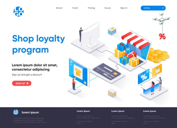 Shop Loyalty Program Isometric Landing Page Marketing Strategy Attracting Retaining — Stock Vector