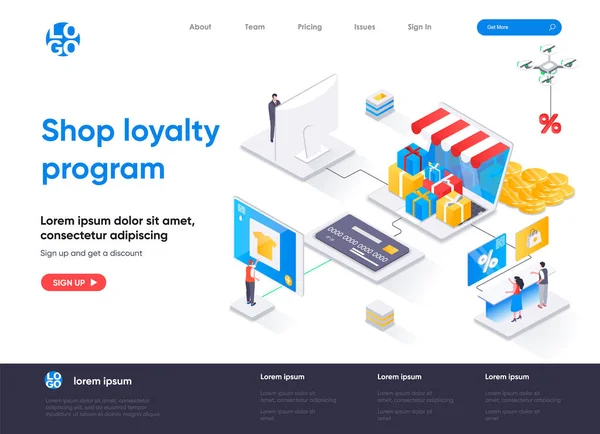 忠誠心プログラム等数ランディングページをご覧ください お客様のアイソメトリーコンセプトを集客 維持するマーケティング戦略 オンライン小売ロイヤルティフラットウェブページ 人物とのベクターイラスト — ストックベクタ