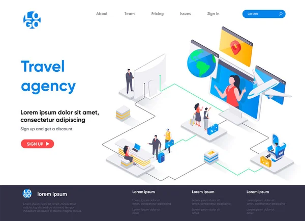 旅行社等距着陆页 网上订票服务 舒适的航空运输 机场登机等距概念 旅行社平面网页 带有人物形象的矢量图解 — 图库矢量图片