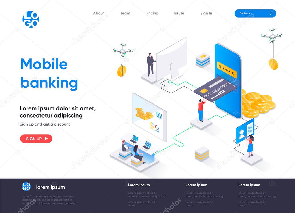 Mobile banking isometric landing page. Smart finance app, money transactions and payments isometry concept. Digital wallet mobile application flat web page. Vector illustration with people characters.