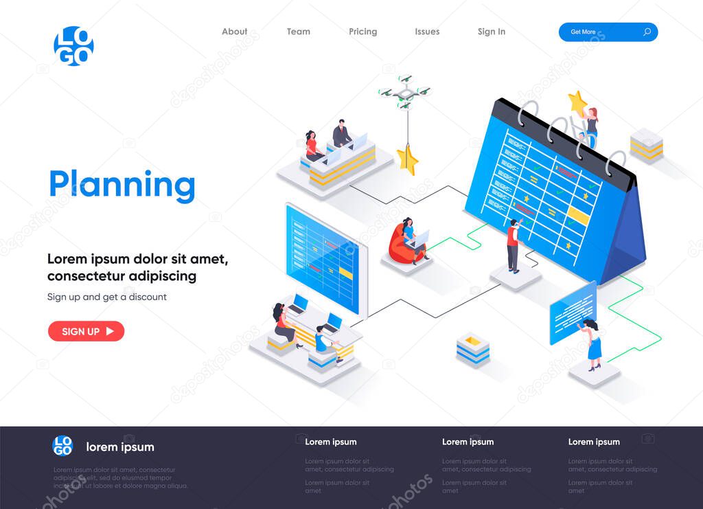 Planning isometric landing page. Business planning, organizing work activities and tasks isometry concept. Time management and high productivity flat design. Vector illustration with people characters