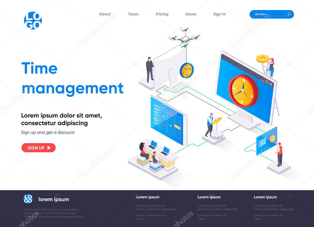 Time management isometric landing page. Effective planning workflow and performing tasks isometry concept. Adherence to deadlines, high work productivity. Vector illustration with people characters.
