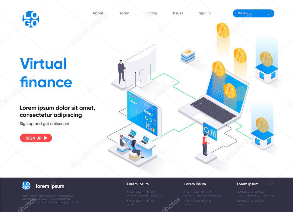 Virtual finance isometric landing page. Internet banking service, financial management isometry concept. Online money transaction and payment flat web page. Vector illustration with people characters.