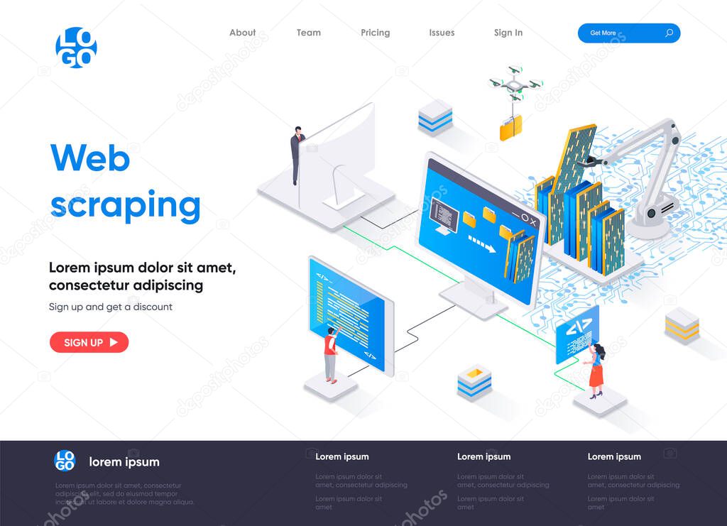 Web scraping isometric landing page. Process of automatic collecting and parsing raw data from web isometry concept. Data extraction software flat design. Vector illustration with people characters.