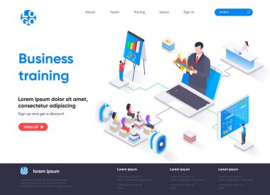 İzometrik iniş sayfası. İşletme atölyesi, online webinar ve Koç Isometri konsepti. Profesyonel beceri geliştirme düz web sayfası. İnsan karakterleri ile vektör illüstrasyonu.