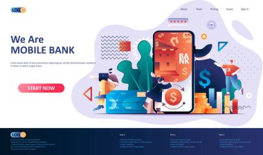 Mobil bankacılık düz iniş sayfası şablonu. Dijital cüzdan mobil uygulama web pankartı. Para işlemleri, ödemeler ve 3D kompozisyon yatırımı için akıllı finans uygulaması. Web sayfası illüstrasyonu.