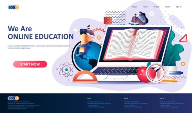 Çevrimiçi eğitim düz iniş sayfası şablonu. Uzaklık öğrenme servisi, profesyonel kurslar ve beceri geliştirme web pankartı. Çevrimiçi 3D kompozisyon çalışması. Web sayfası illüstrasyonu.